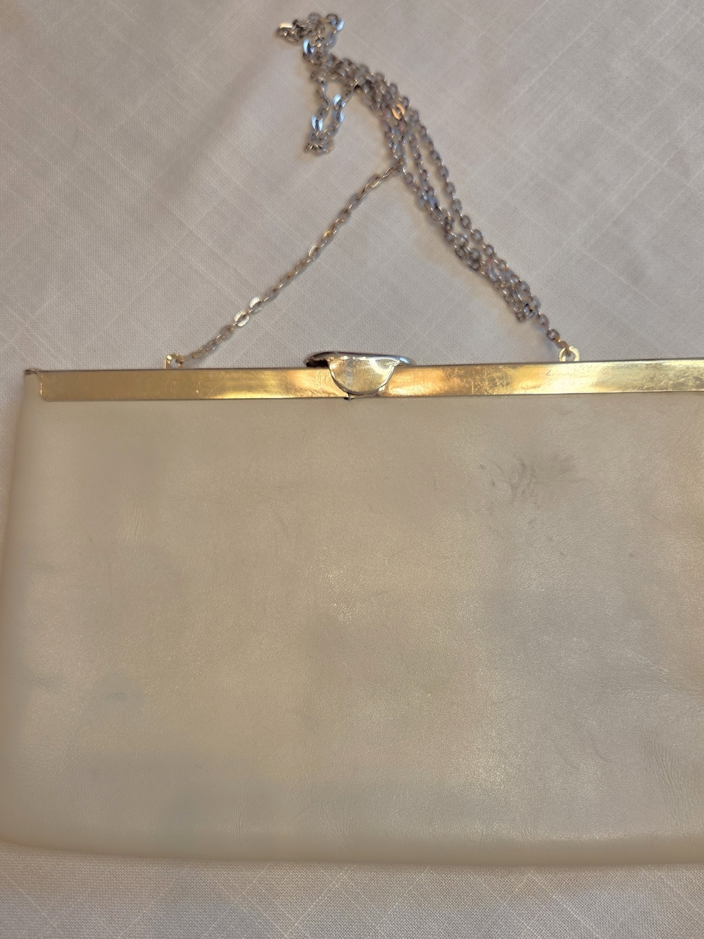Vintage 1950's Etra Cream Leather Frame Clutch with Chain Strap